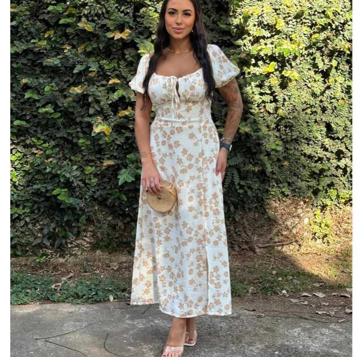 Vestido Feminino Duna Estampa Floral com Manguinha Princesa e Fenda Frontal em Oferta na Shopee