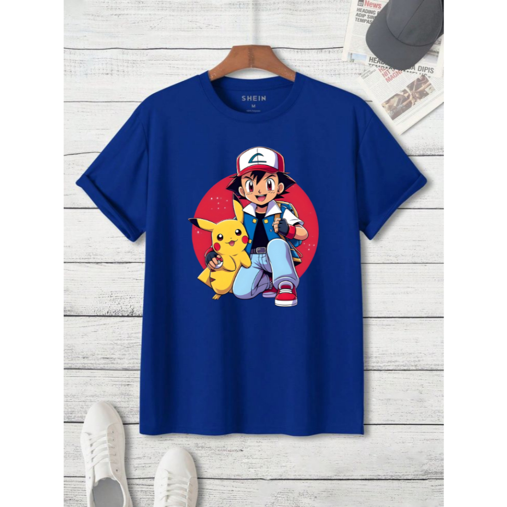 Camiseta Pokémon Adulto e Infantil  Pikachu Ash Anime Mangá Desenho Camisa Algodão Masculina Feminina Unissex Verão