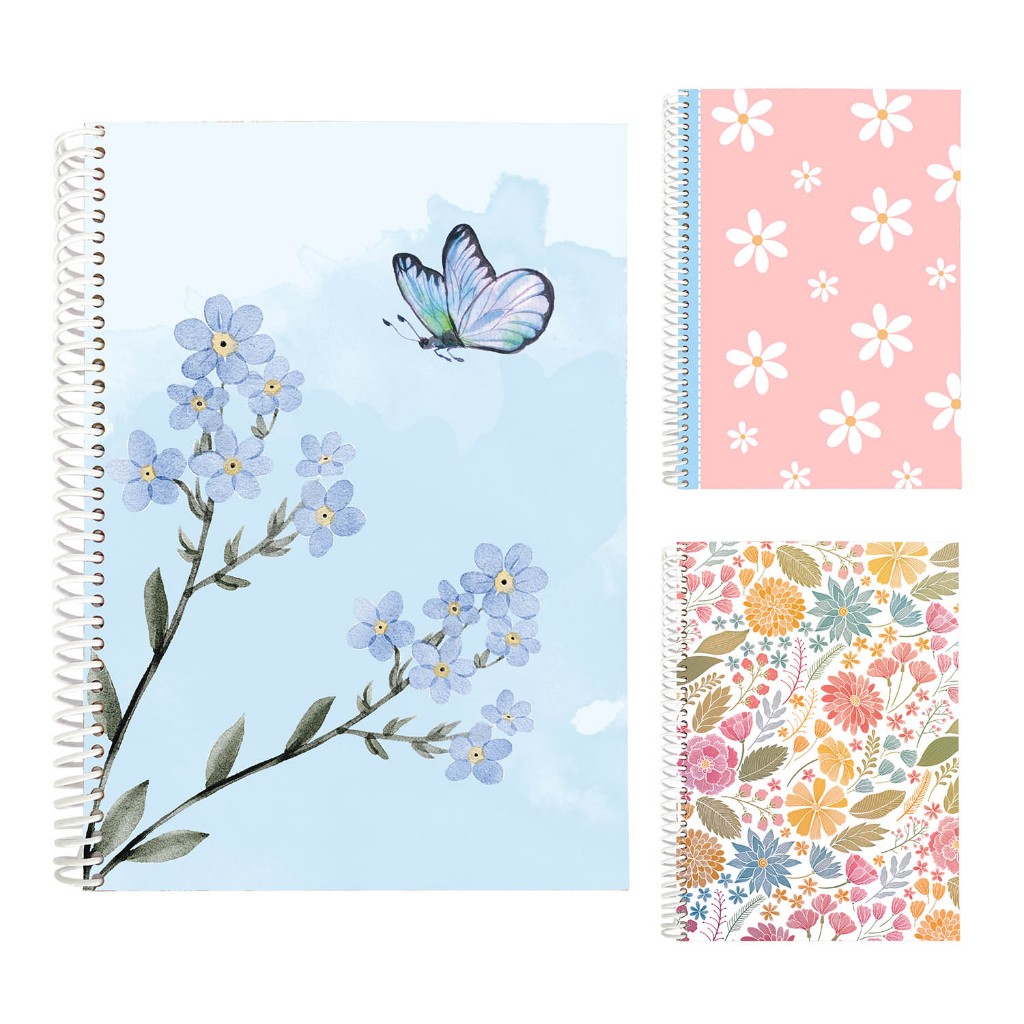Caderno de Anotações A5 Flores Espiral Pautado Escolar Capa Dura 80 Folhas