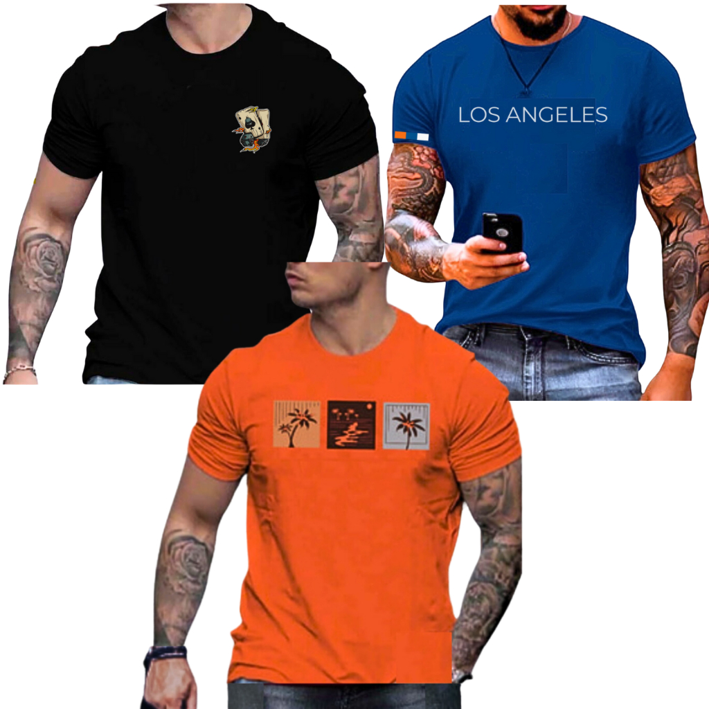 KIT 3 Camisetas , camisa  Masculina Estampada Trio Coqueiros Gola Redonda e LOS ANGELES OU 1 UNIDADE