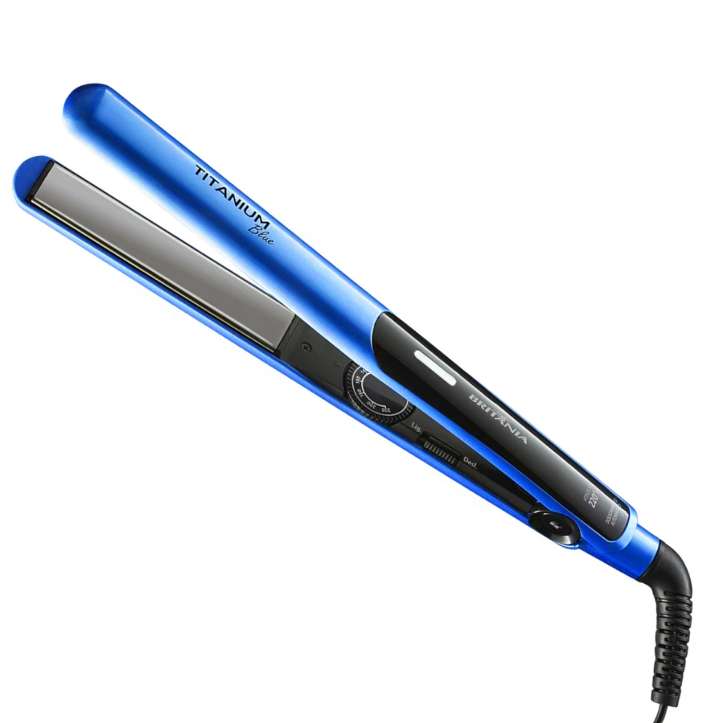 Prancha De Cabelos Alisadora Britania Titanium 5 Temperaturas 220ºc Chapinha Progressiva Salão Blue Bivolt