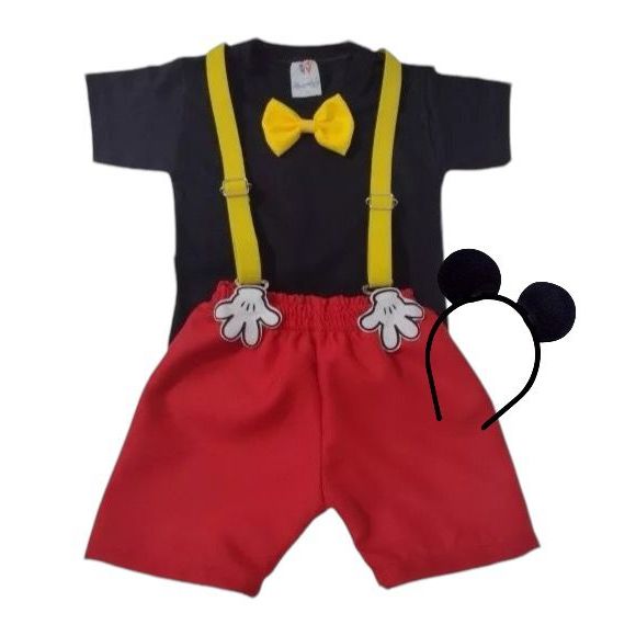 Conjunto Completo Para Bebês Menino Shorts Body Suspensório Estampas Infantis Roupa Festa Mesversário Orelhinhas Tiara