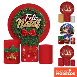 Painel Redondo Natal E Trio Capa Cilindro Festa Sublimado Tecido Veste Fácil C/Elástico