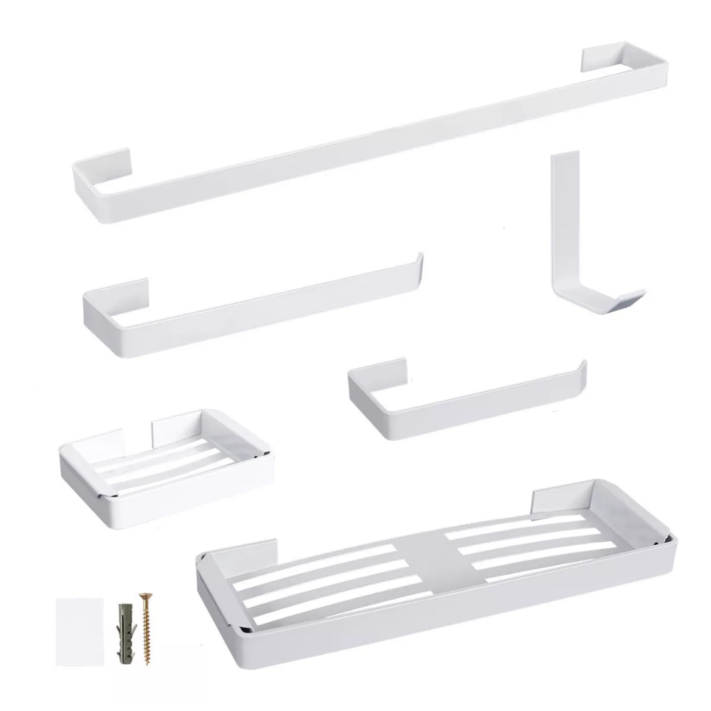 Kit Acessórios  Banheiro Alumínio Polido 6 Peças Cor Branco Completo Anti Ferrugem