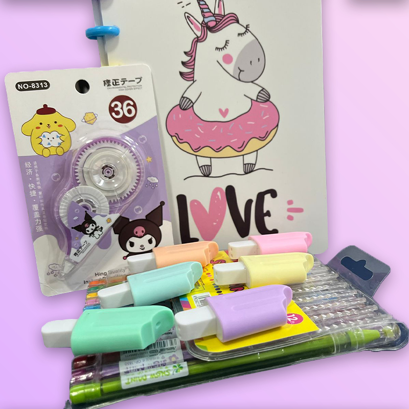 Kit Caderno Unicórnio/GATO B5 Especial com 12 Canetas Ponta Fina, Marcadores e Corretivo Hello Kitty SUPER FOFOS