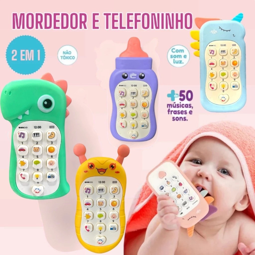 Brinquedo para Bebê Mordedor e Telefone Celular infantil Musical 2 em 1 Educativo Com Luz e Som