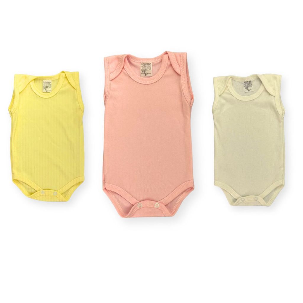 Kit 3 Peças Body De Bebê Regata Malha Canelada