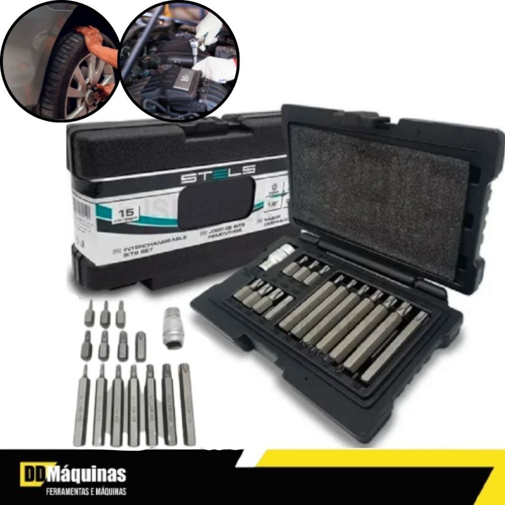 Jogo 15 Peças de Bits Torx com Adaptador 1/2 T20 A T55 - Stels - Home & Living