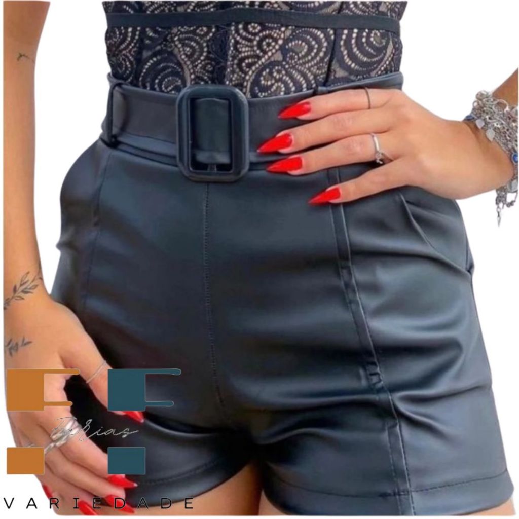 Shorts Feminino De Couro De Fivela Preto Em Promoção Bolsos Funcional Moda 2024 em Oferta na Shopee