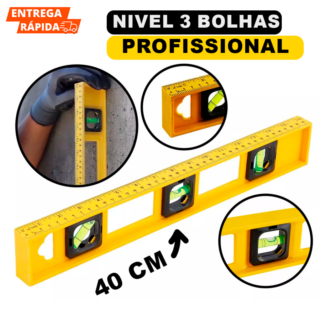 Nível 3 Bolhas De Mão Profissional Com Régua 40 cm Resistente Construção Serviços Pedreiro Obra Em Geral