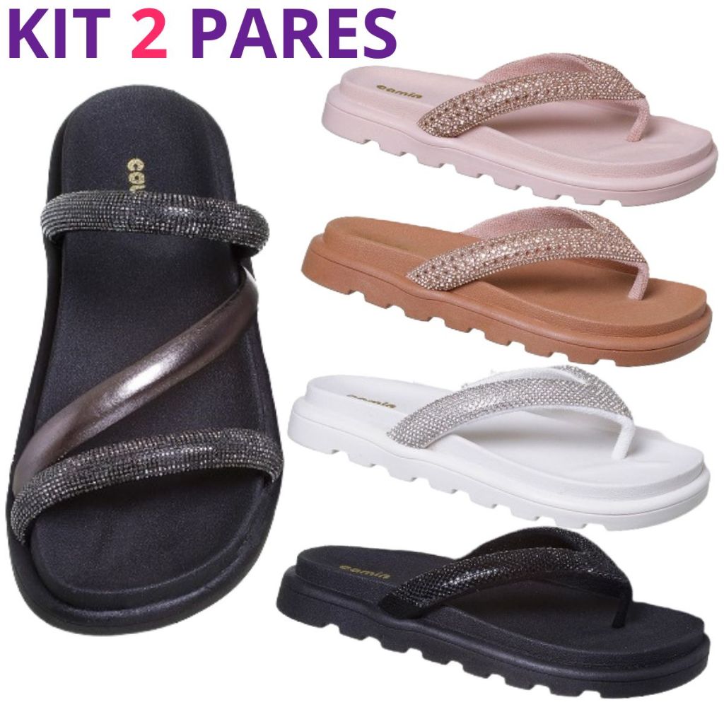 Kit 2 Pares Sandália Brilho Strass Feminina Birken Menina Confortável Chinelo Festa Promoção Camin - Women Shoes