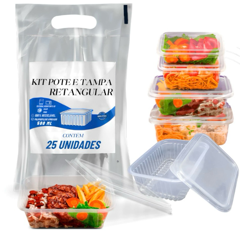 Kit 25~96 Unid. Pote Plastico Retangular Descartável 500 ml Microondas Freezer Marmita Fit OFF em Oferta na Shopee