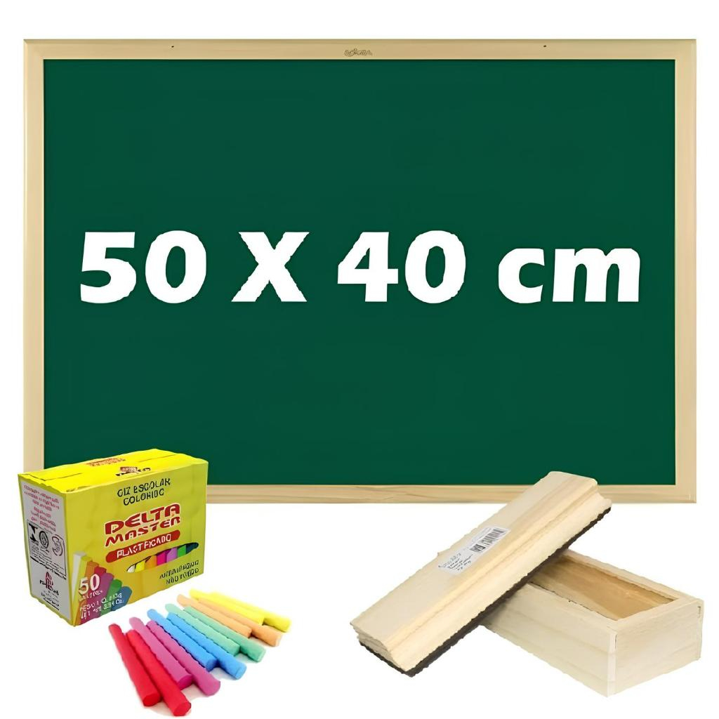 Lousa Quadro Escolar Verde 50x40 + Apagador com Depósito + 5 Giz