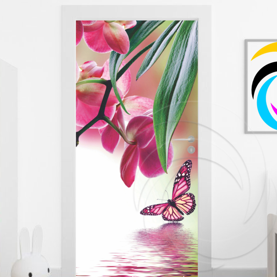 Papel Parede Adesivo para Portas de Madeira ou Vidro Decoração Revestimento - Flores Rosa e Borboletas 01156