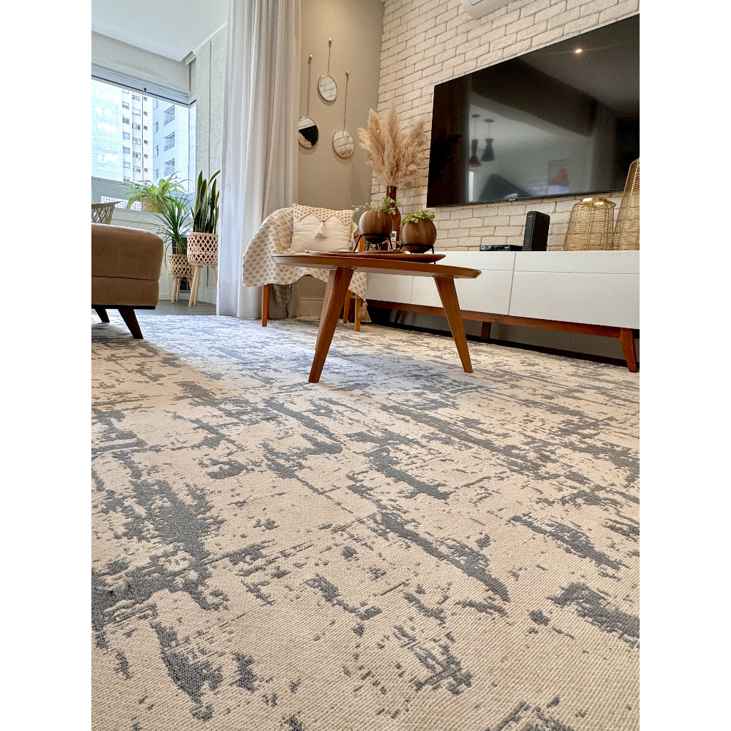 Tapete De Sala Quarto Mesclado Cor Off White Cinza e Caramelo