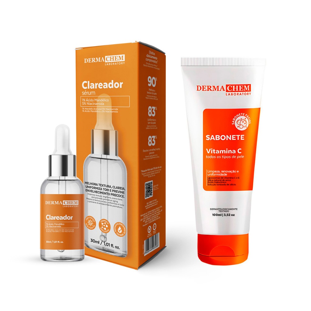 Kit 2un Dermachem - 1un Sabonete Facial Vitamina C + 1un Sérum Clareador - Pele Clara e Sem Manchas