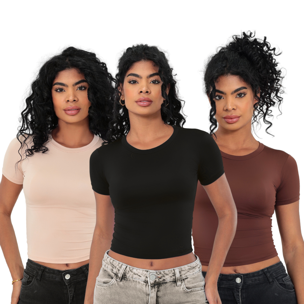 KIT 3: Baby Tee Feminina - Blusa Slim Fit Manga Curta - Blusa de Compressao em Oferta na Shopee