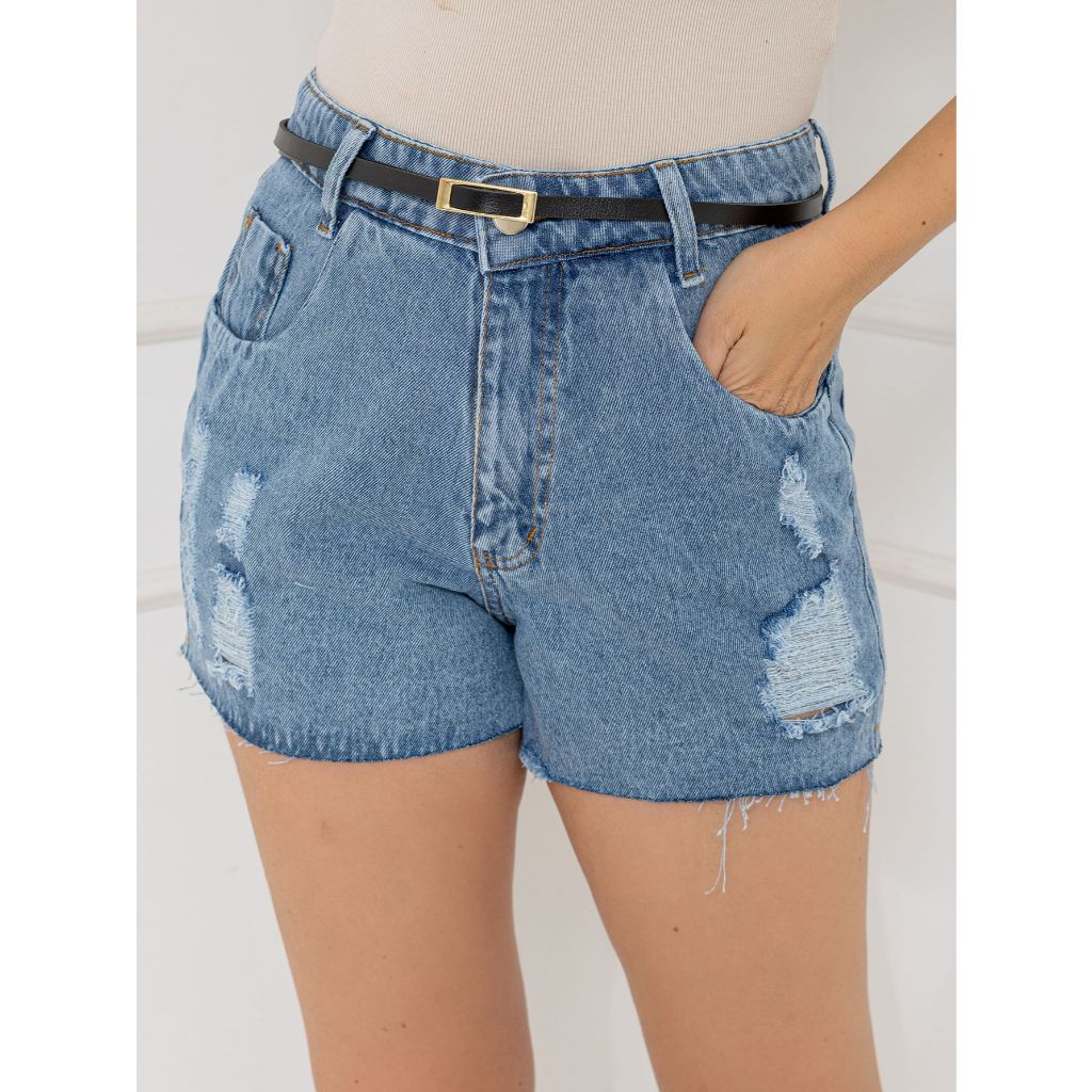 WL Moda Short jeans com cinto feminino com bolso short jeans juvenil natural shorts Feminino com bolsas com rascada