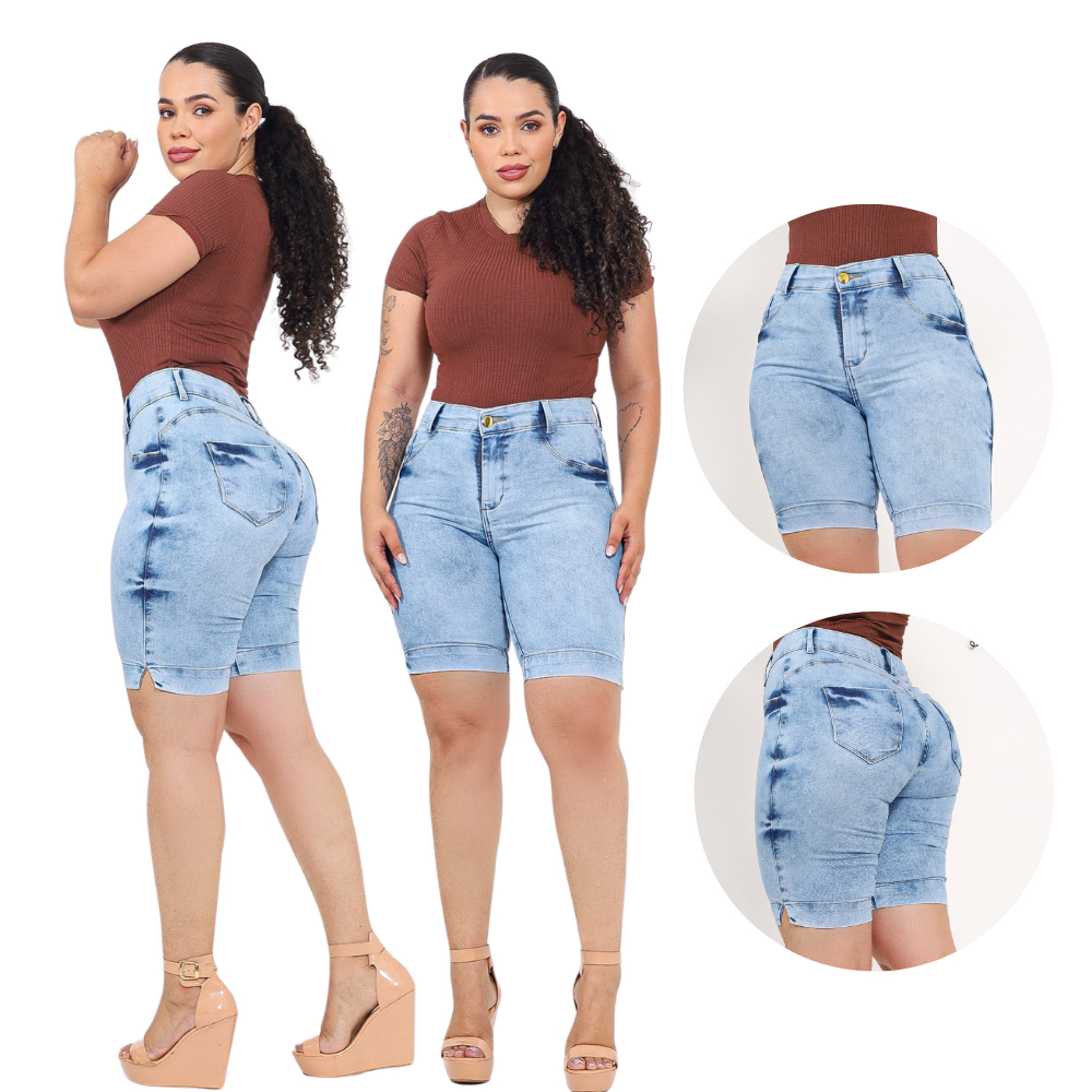 Short Jeans Jump Feminino Bermuda Ciclista Clara Elastano Cintura Alta Modelagem Levanta Bumbum