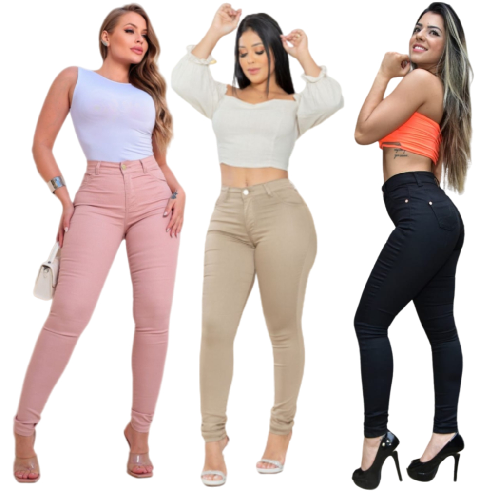Kit 3 Calça Feminina Em Sarja Cintura Alta Levanta BumBum Com Elastano