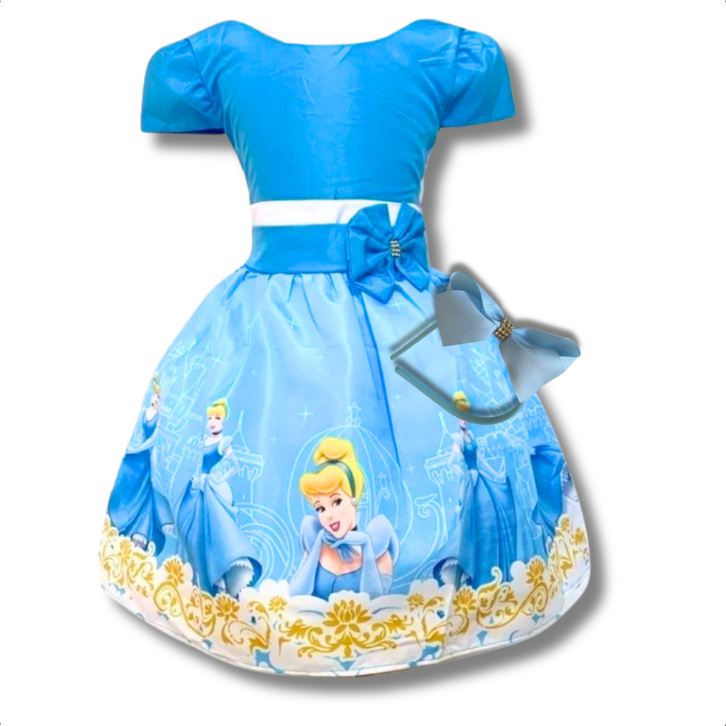 Vestido Temático Infantil Princesa Cinderela Luxinho com Laço Ajustável Aniversário