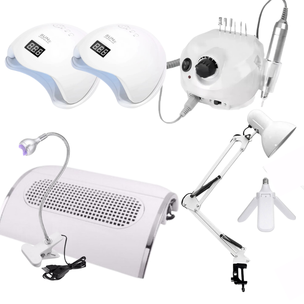 Kit Profissional Motor NailDrill 50.000RPM + 2 Cabines Sun 5 Lanterna UV + Luminária Unha Manicure