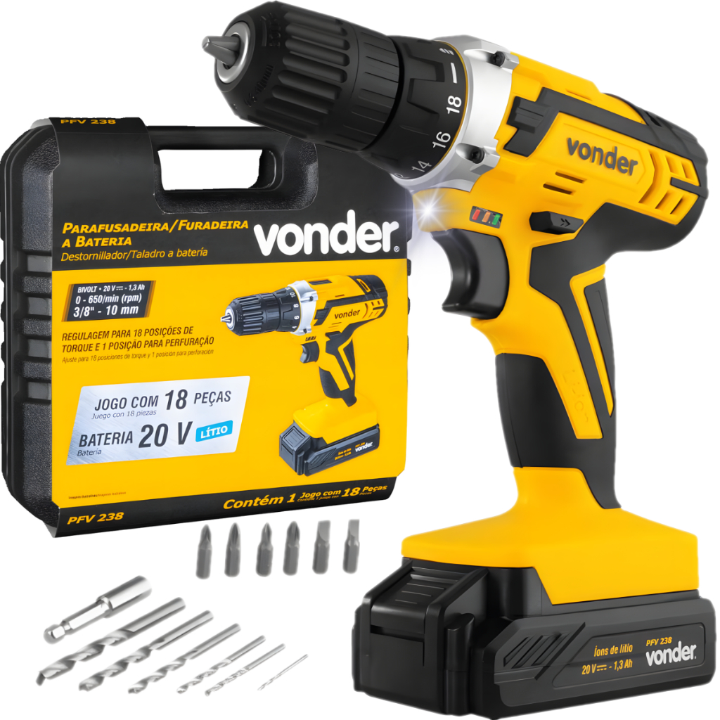 Parafusadeira e Furadeira à Bateria 20V Vonder PFV 238 Bivolt Automática para Carregamento Rápido