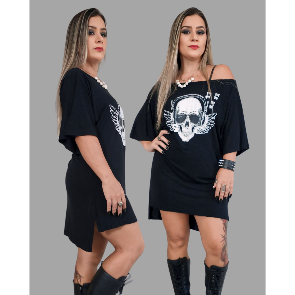 Vestido Camisão Cifras Heavy Metal( vestido preto, moda rock feminina exclusiva, estilo rock n roll, estampa de caveira)