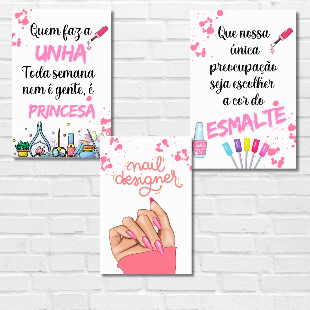 Kit 3 Quadro Decorativo Esmalteria Placa Mdf Unha Manicure Salão Beleza Nail Designer