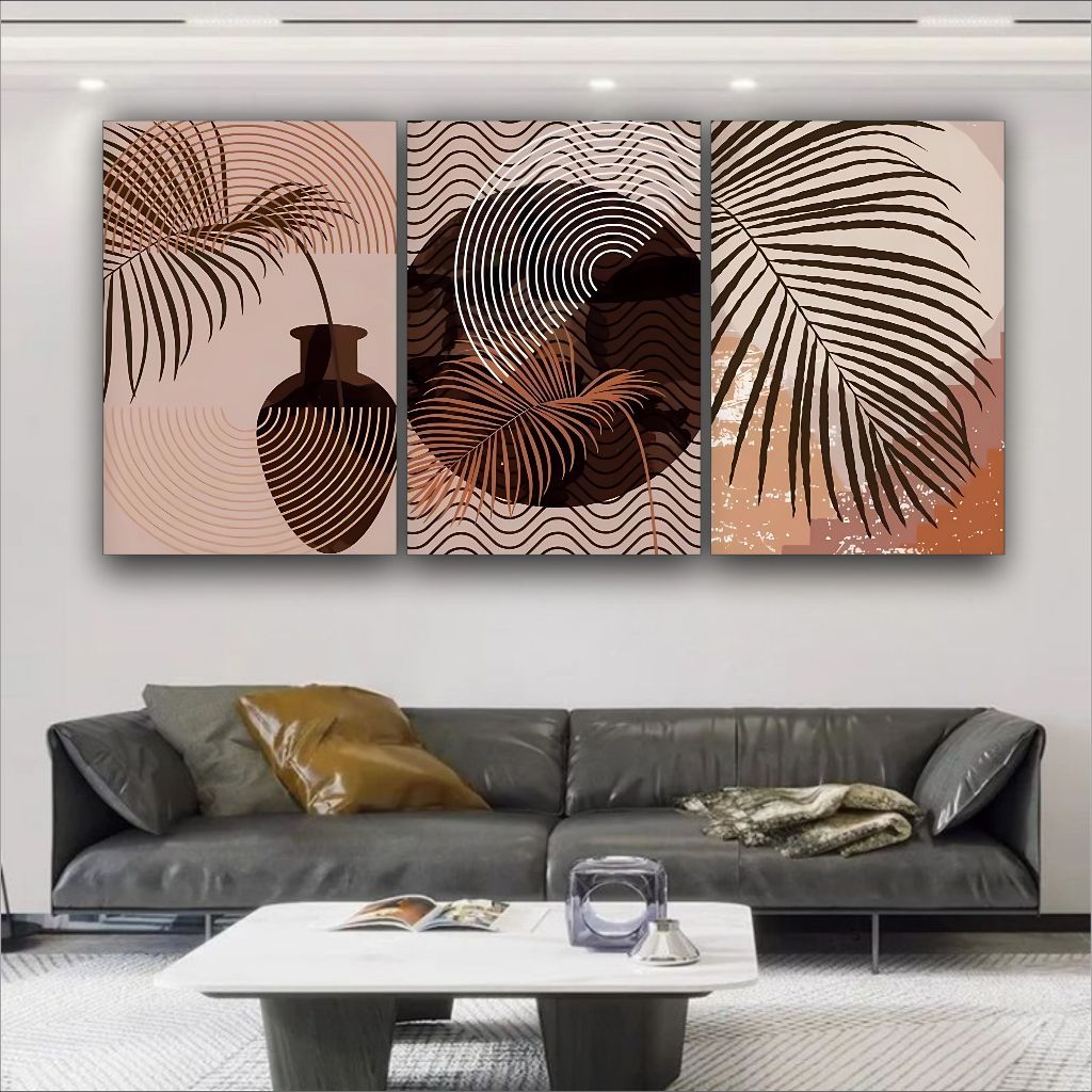 Quadro Decorativo Folha Vaso Jarro Barro Marrom Sala Quarto 3 PEÇAS