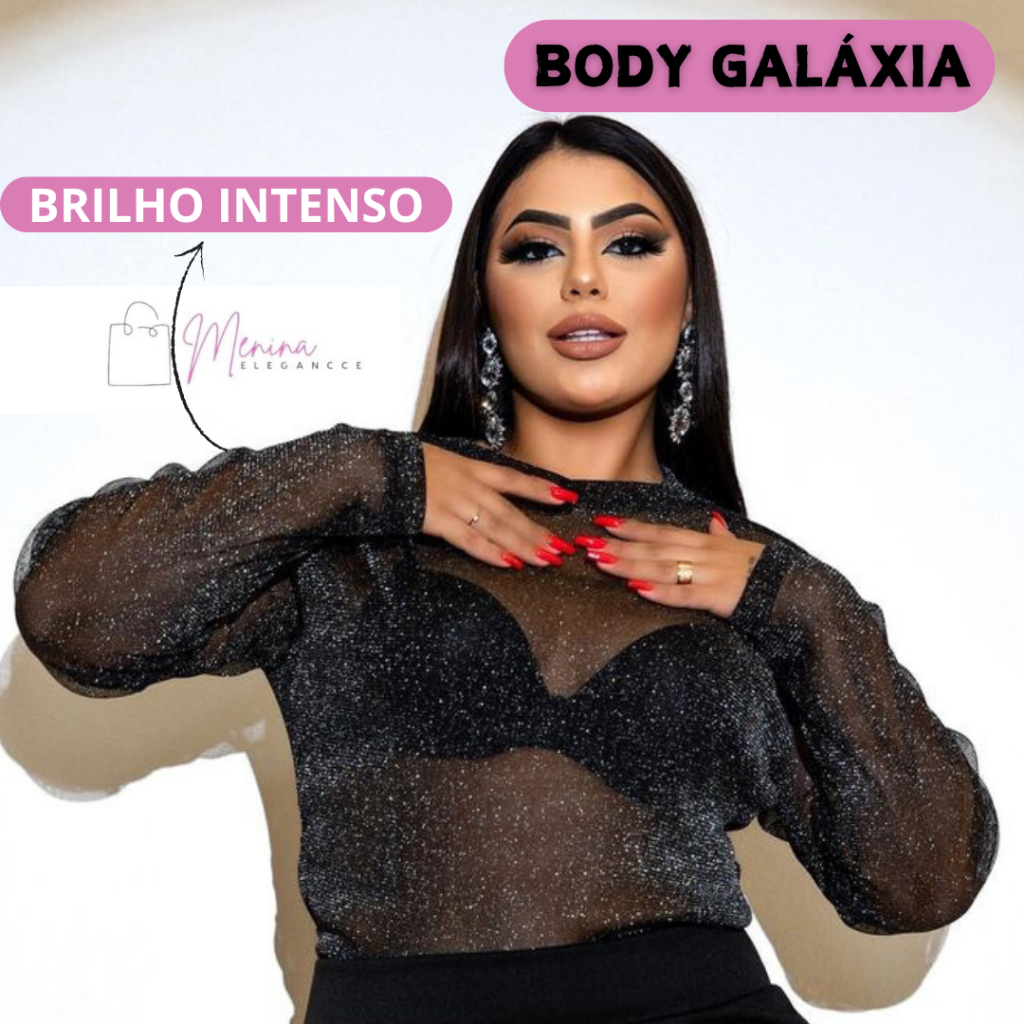 Body Manga Longa Feminino De Tule Com Brilho Plus Size