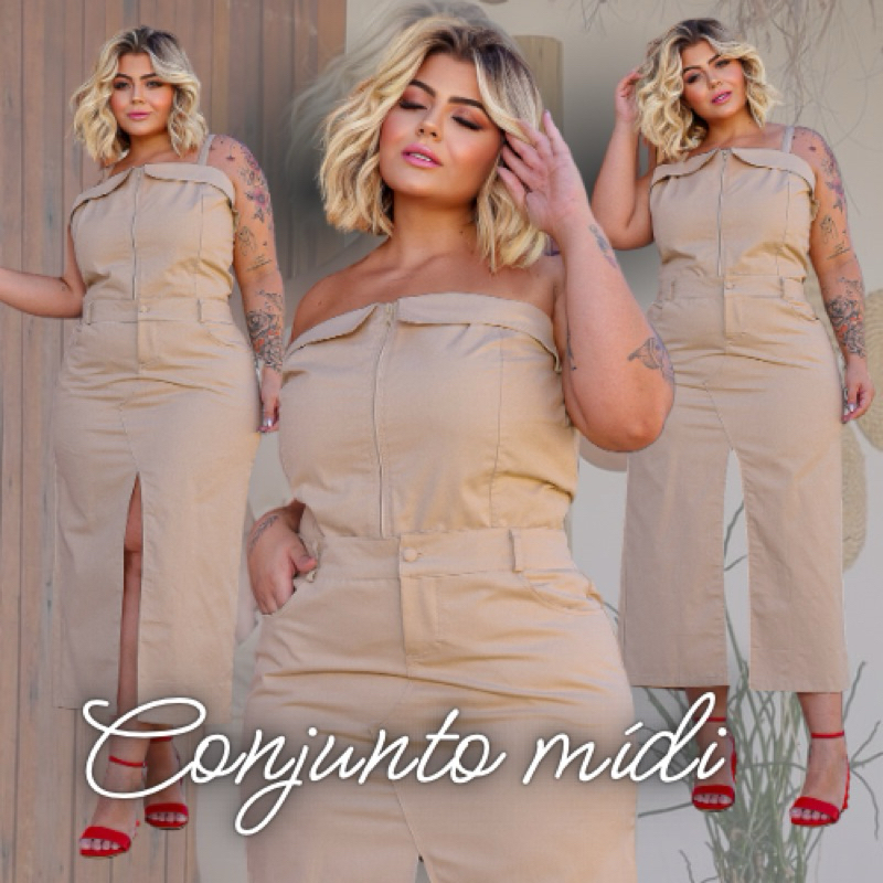 conjunto mídi de sarja plus size fashion grande moda feminina pronta entrega em Oferta na Shopee