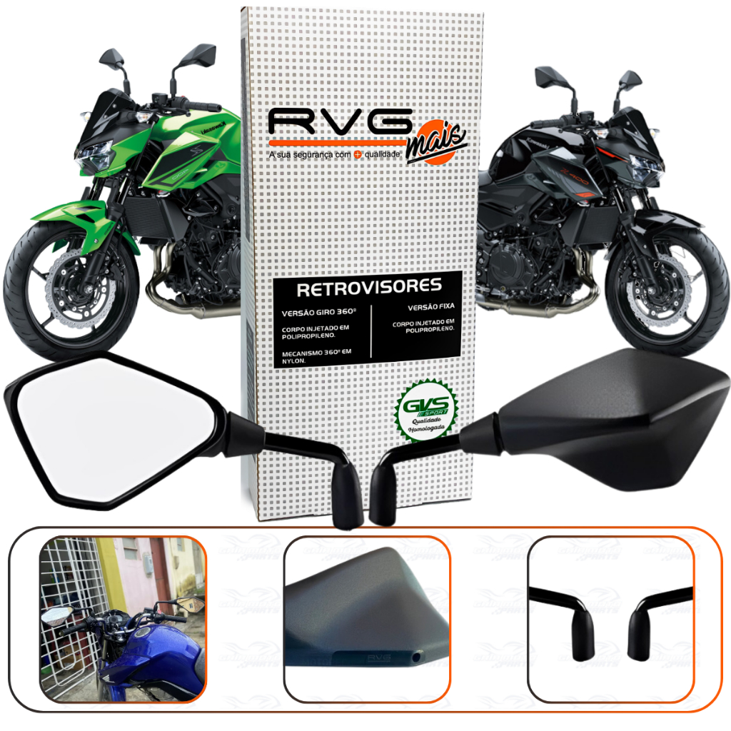 Retrovisor Rvg Kawasaki Z400 Rebaixado 90° Haste Longa Lente Plana
