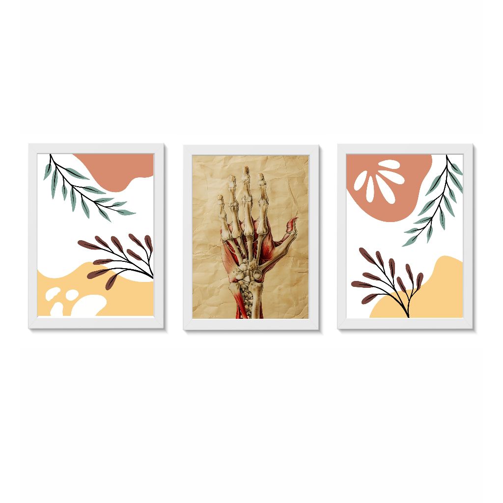 Kit 3 Quadros Decorativos Mão e Folhas Decoração Consultório Médico Ortopedia e Fisioterapia Molduras 20x30cm Madeira