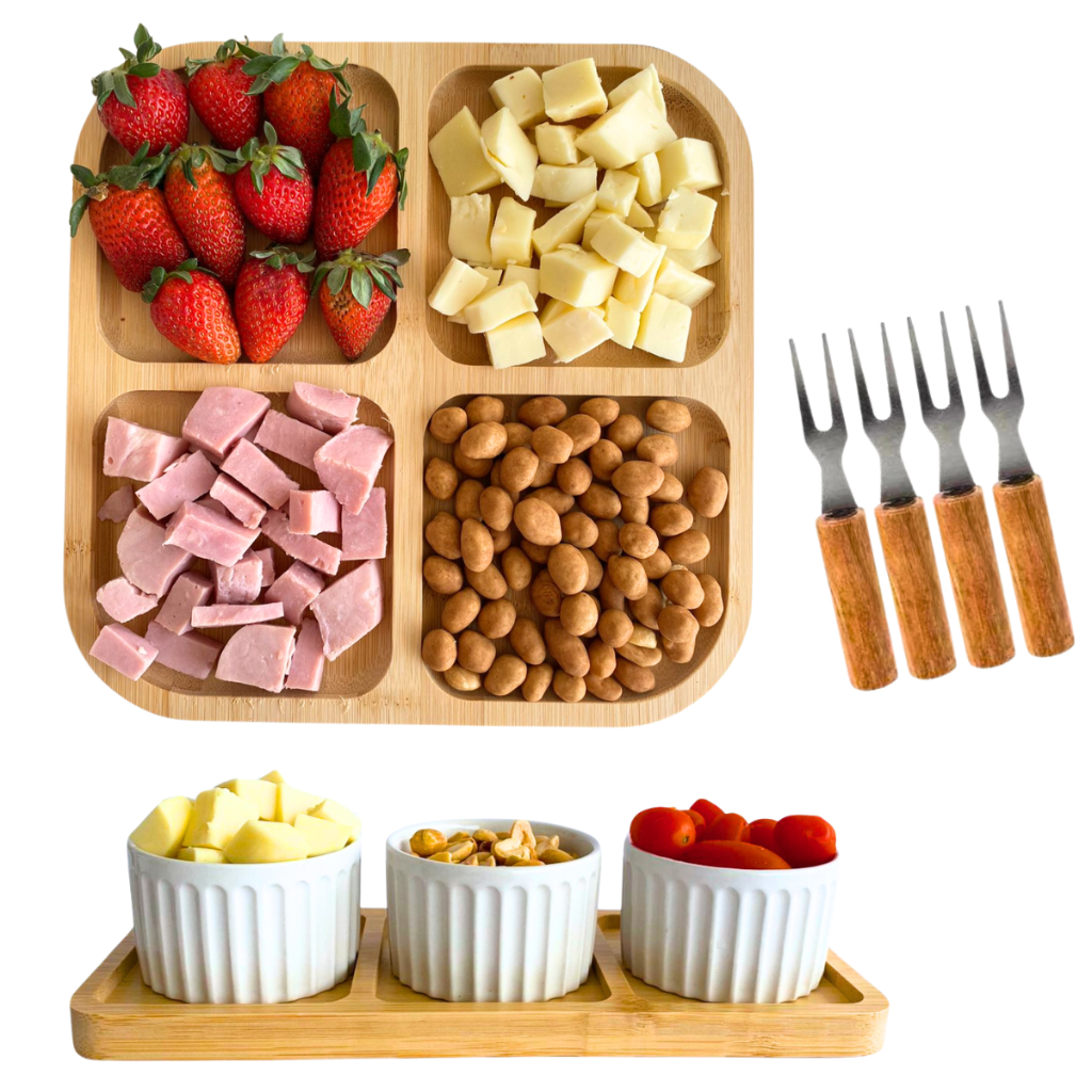 Petisqueira de Bambu Tábua de Frios Kit Petisqueira Mesa Posta Kit 6 Peças
