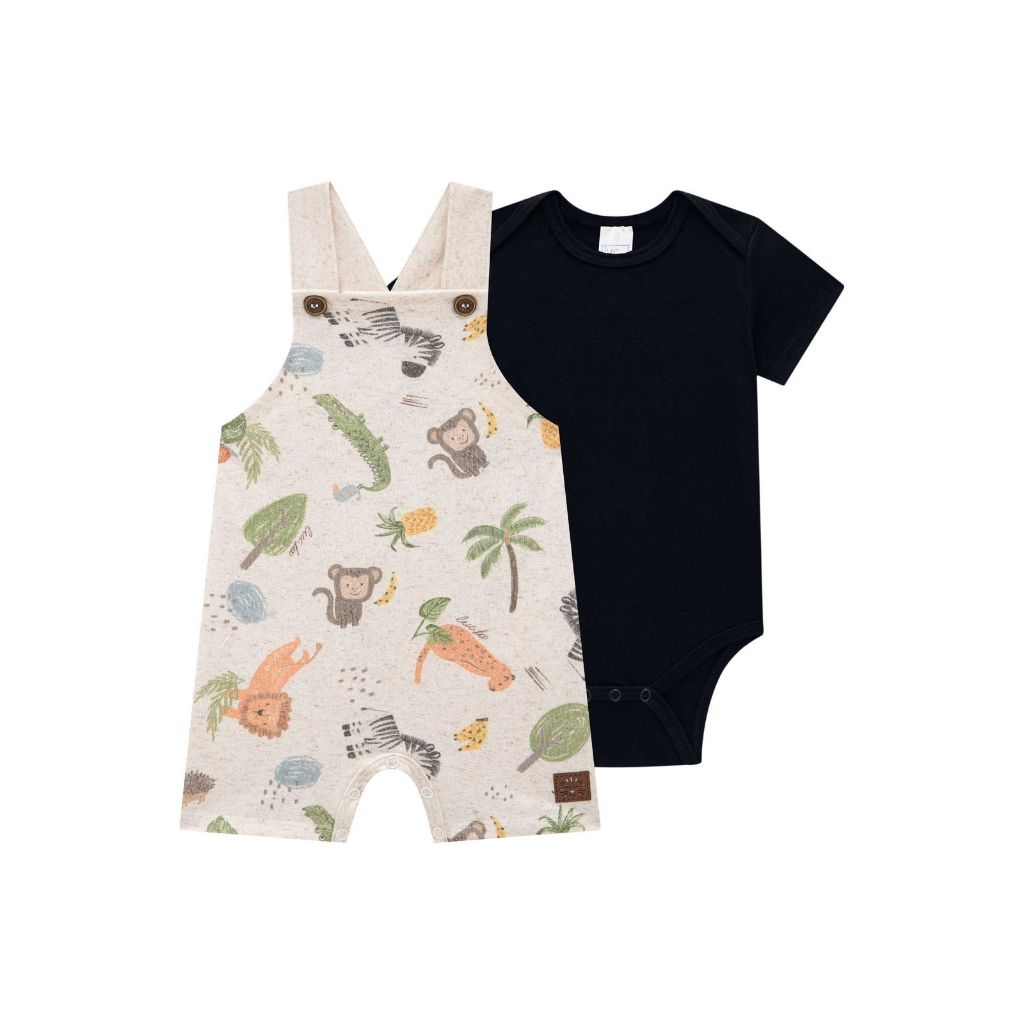 CONJUNTO INFANTIL MASCULINO DE BODY EM RIBANA 1X1 E JARDINEIRA EM MOLETOM LINHO - LUCBOO