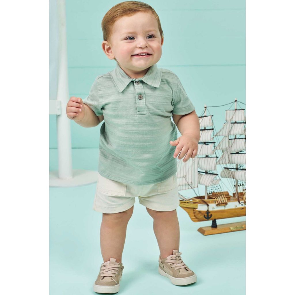 CONJUNTO INFANTIL MASCULINO CAMISA POLO EM MALHA TEXTURA E BERMUDA EM TECIDO PANAMÁ COM ELASTANO - LUCBOO