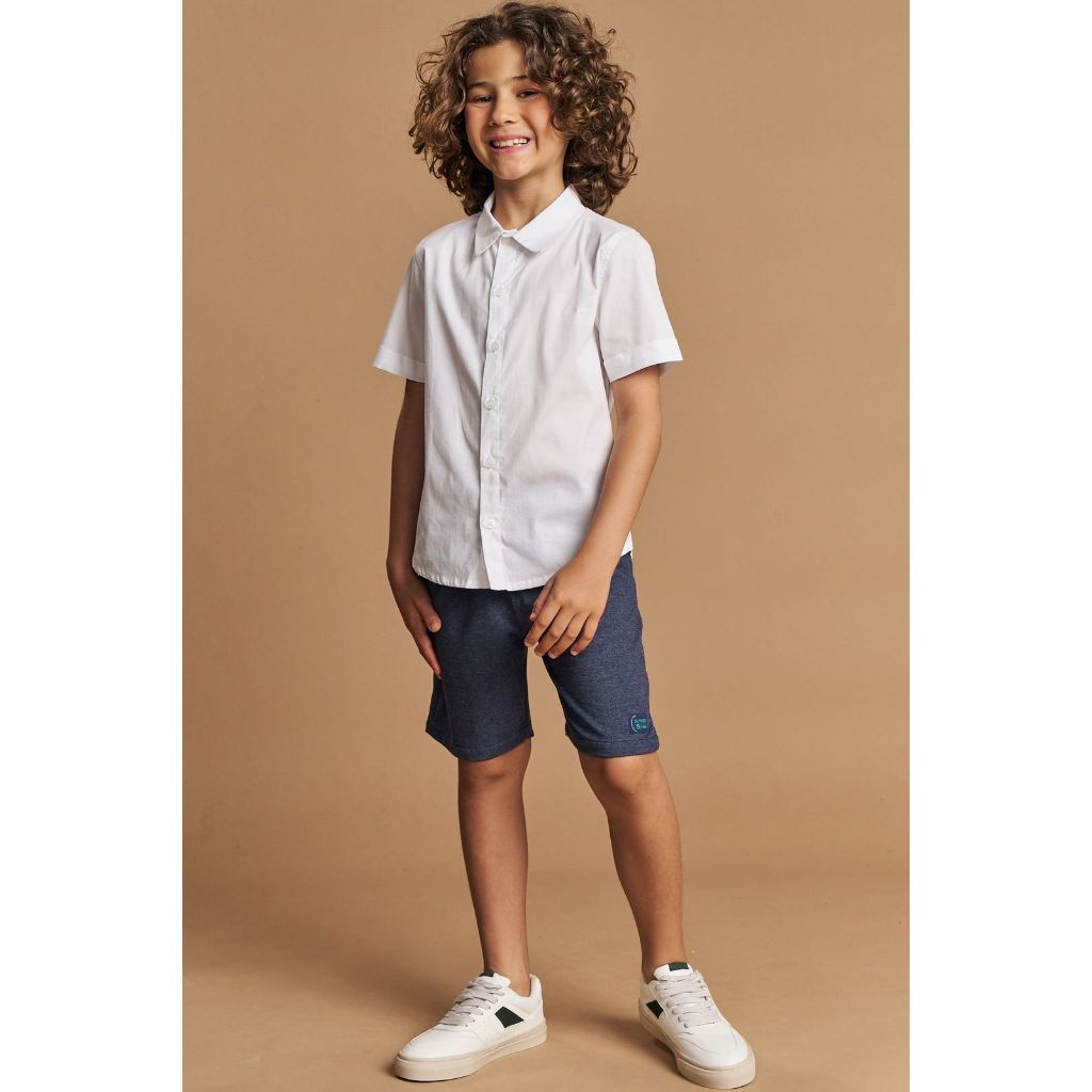 CONJUNTO INFANTIL MASCULINO DE CAMISA EM TRICOLINE MÔNACO E BERMUDA EM SARJA MELANGE COM ELASTANO SUPER POWER - LUCBOO