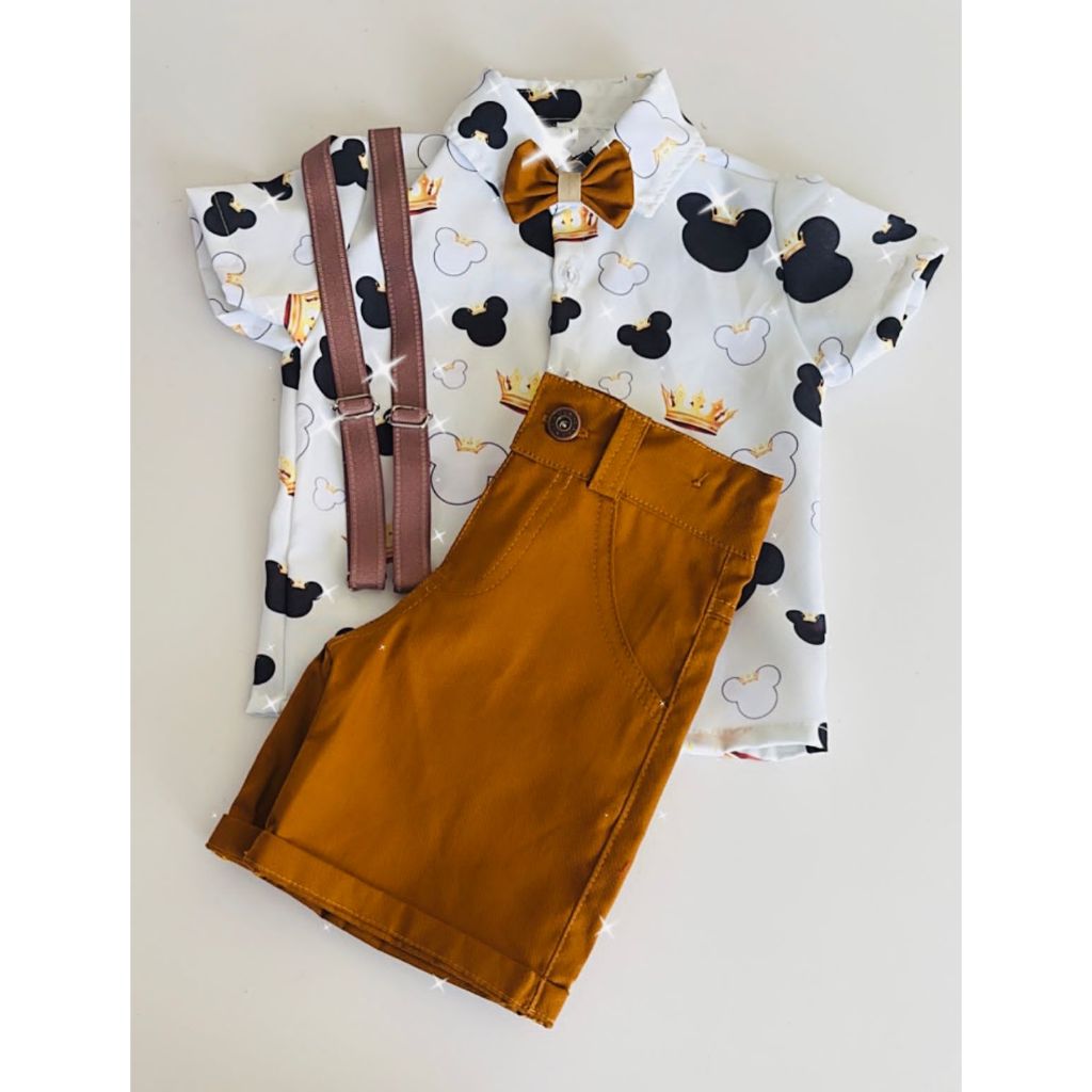 Conjunto Menino Infantil Luxuoso Temático Mickey Realeza + Bermuda Caramelo
