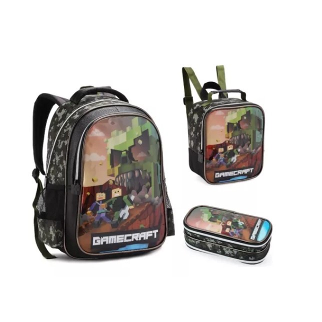 Kit Completo Mochila De Costa Gamecraft Menino Escolar Grande Com Lancheira E Estojo Modelo 2025