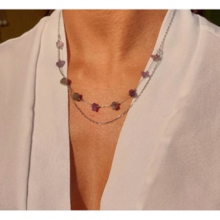 Colar de Ametista e aço inox - Colar de aço inoxidável com ametista natural em Oferta na Shopee