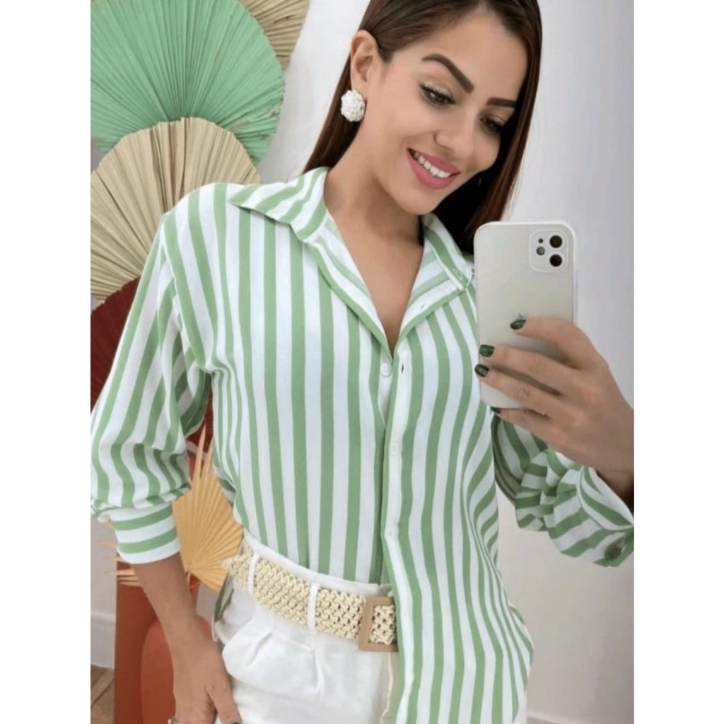 Camisa Feminina Listrada Manga Longa Tecido Duna em Oferta na Shopee
