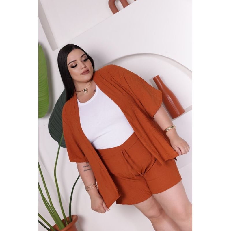 Conjunto feminino Plus Size kimono e short- G1 e G2 em Oferta na Shopee