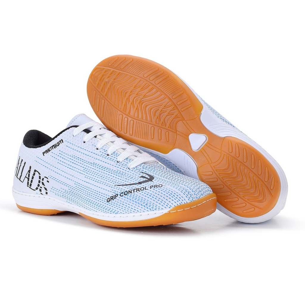 Chuteira Futsal Quadra Salão Branco Azul Confortável Resistente Colada e Costurada Envio Imediato