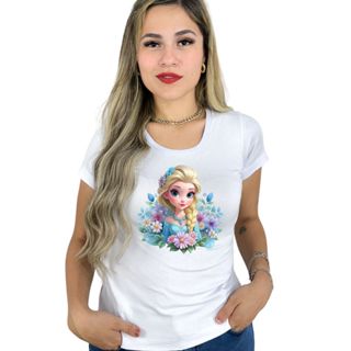 Blusa Feminina Elsa com flores Fronzen Camiseta T-shirt em Oferta na Shopee