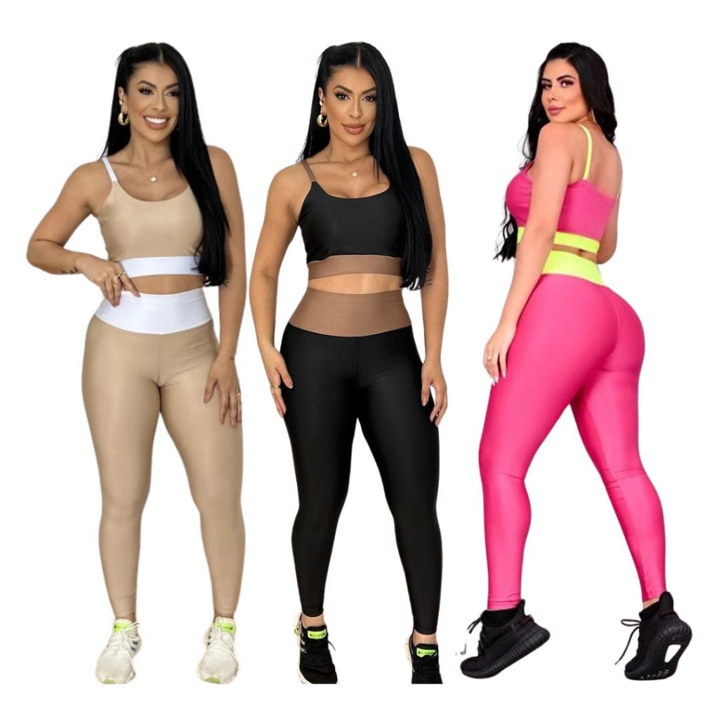 Conjunto Bicolor Calça com Top Bojo Removível Academia Treino Musculação Corrida Fitness feminino