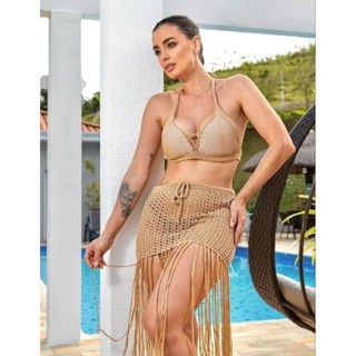 conjunto liso de saida praia top com bojo vem saia com franja ，linda mais，moda feminina em Oferta na Shopee