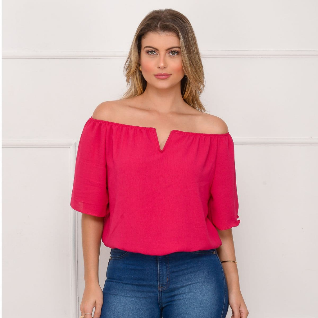 Blusa Social Feminina Ciganinha Ombro a Ombro Duna Manga Curta Linda