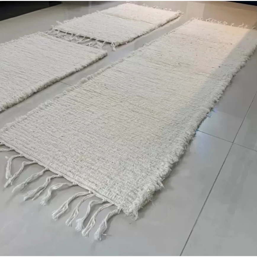 Jogo de Tapete 3 peças 1,60 X 0,50 Boho Cru Felpudo Tear Artesanal Luxo Para Quarto Decoração Tear