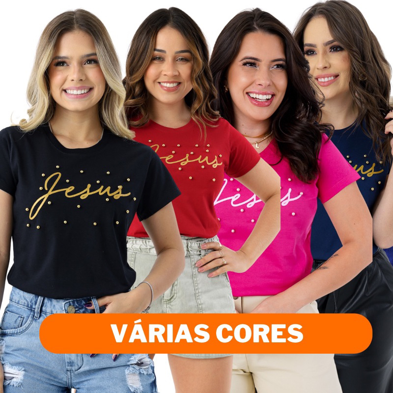 Camiseta Feminina Estilosa Jesus com Pérolas Camiseta Algodão Baby Look Feminina Cristã em Oferta na Shopee
